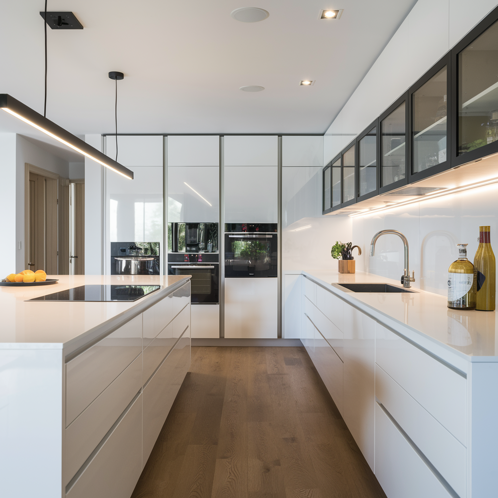 Minimalist modern white kitchen with open shelving