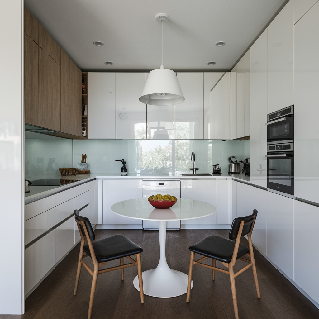 Compact white kitchen with glossy cabinets