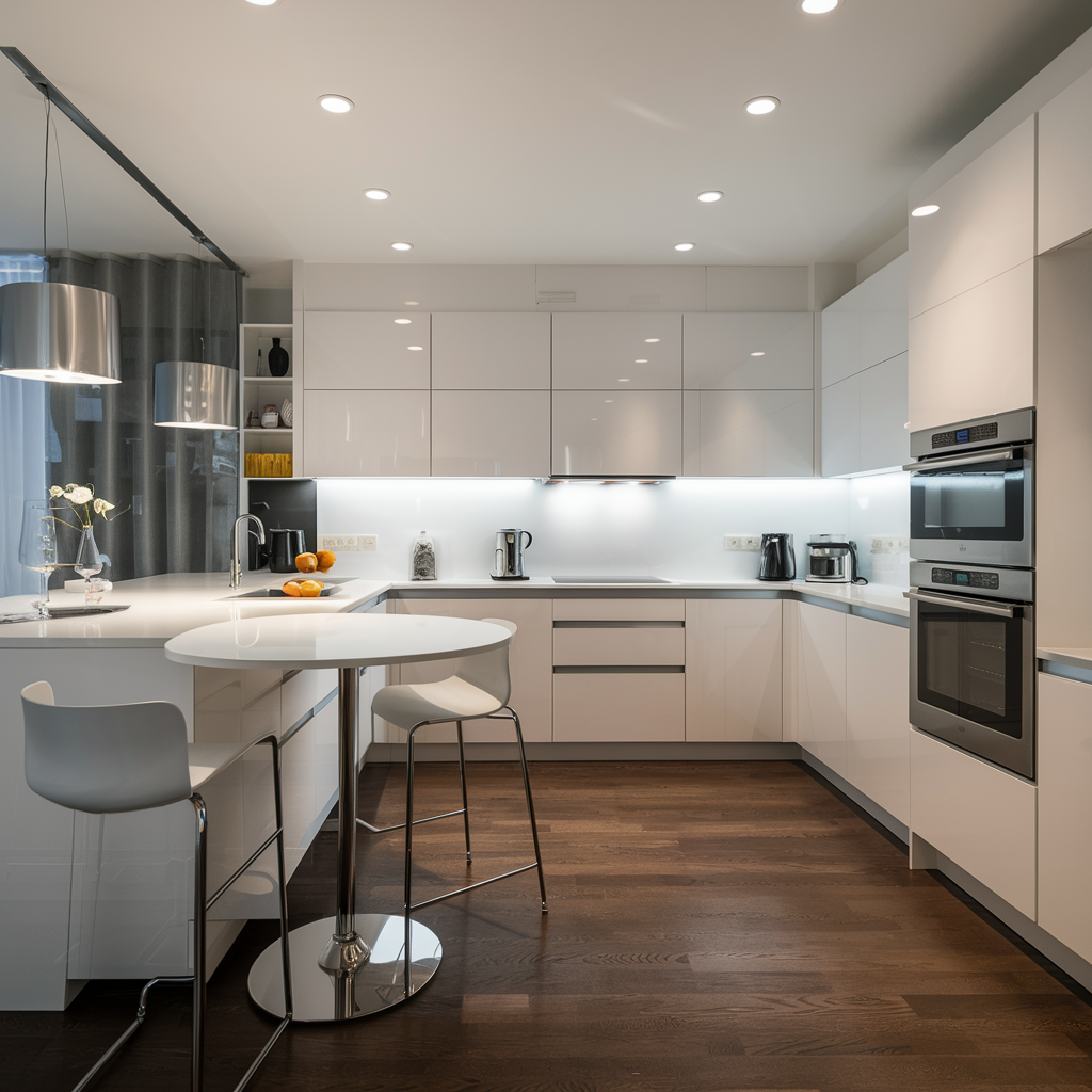 Sleek white kitchen with handleless cabinets and stainless steel appliances