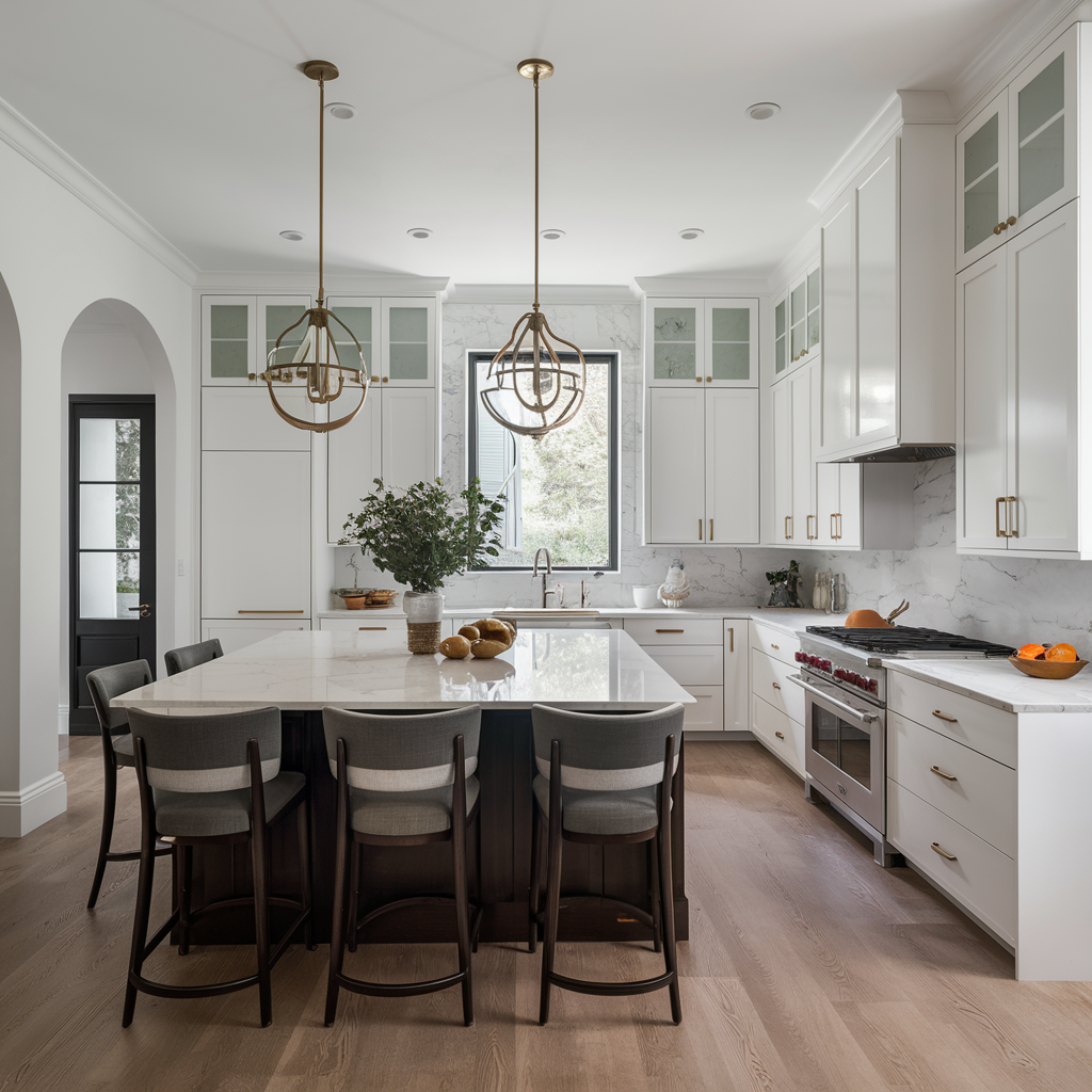 White kitchen with natural stone countertops