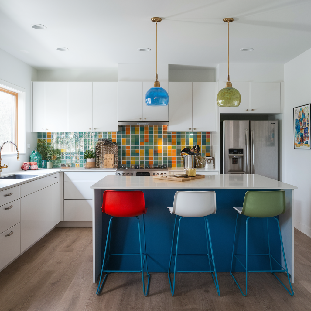 White kitchen with colorful accents and lighting
