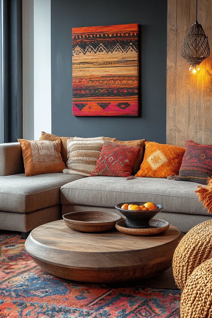 balanced boho mid century modern living room