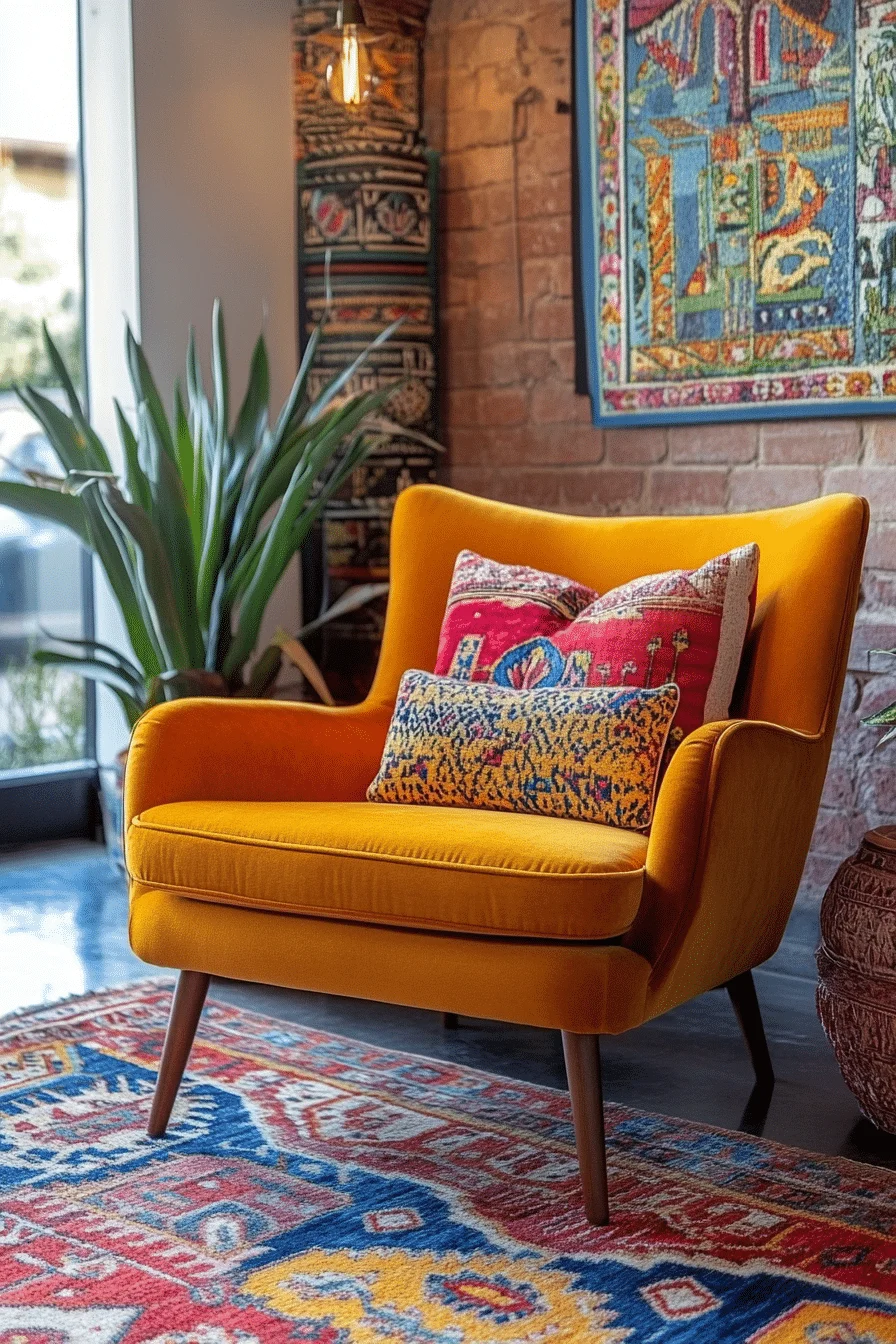 colorful boho mid century modern living room