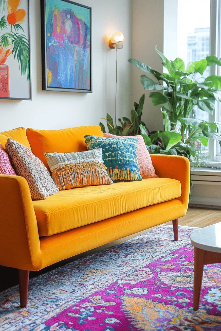 bright boho mid century modern living room