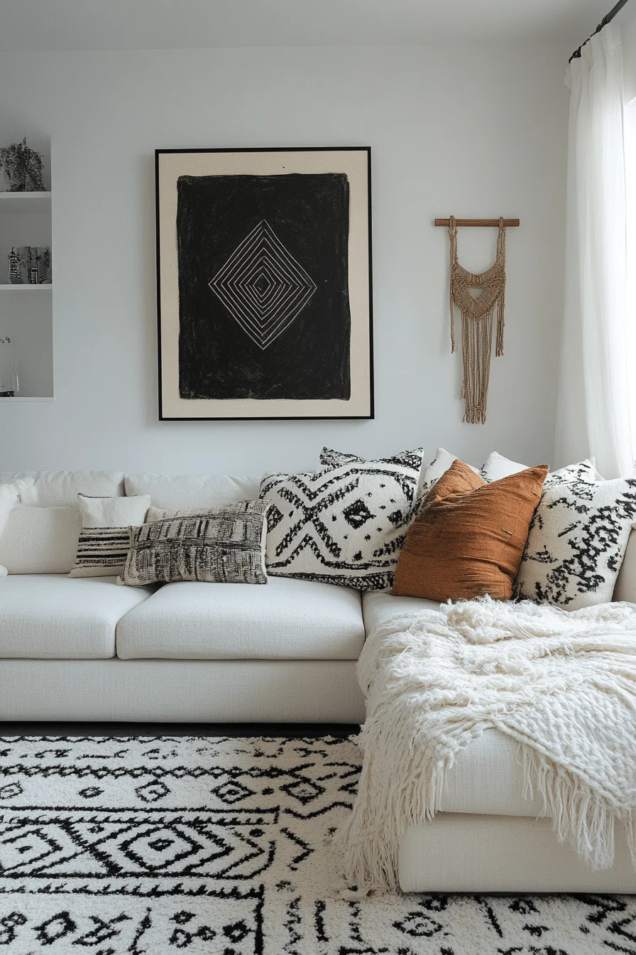 monochrome boho mid century modern living room