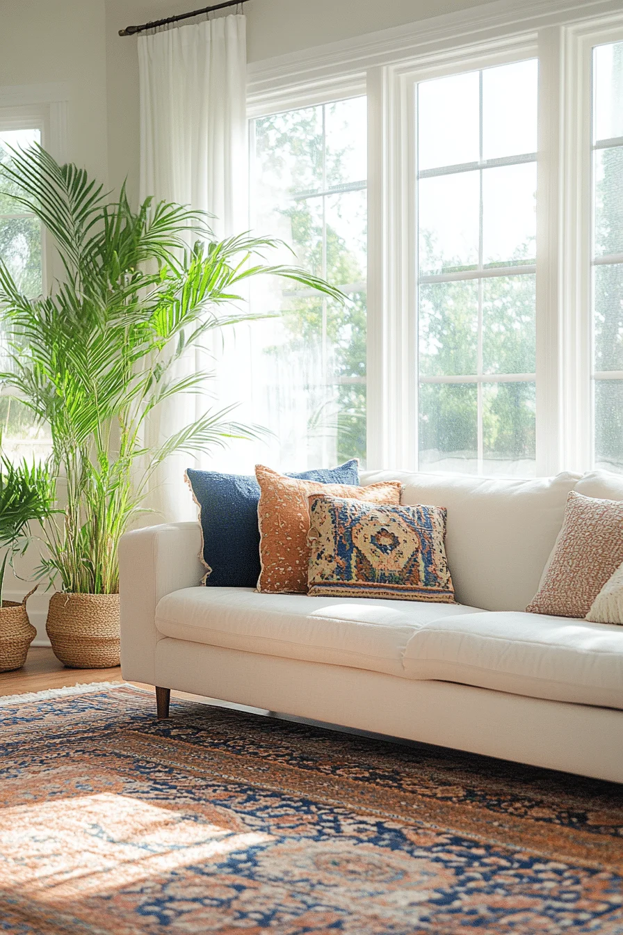 sunlit boho mid century modern living room