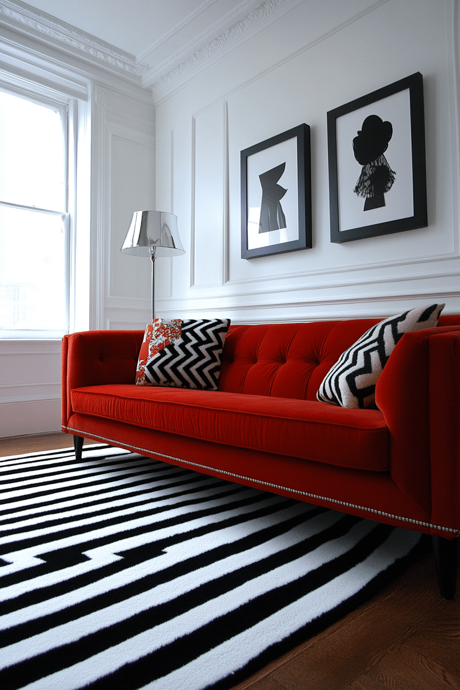 red sofa living room