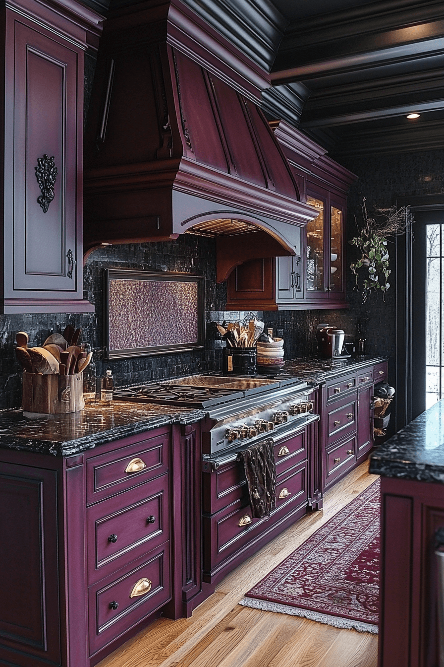 maroon red oak kitchen cabinets