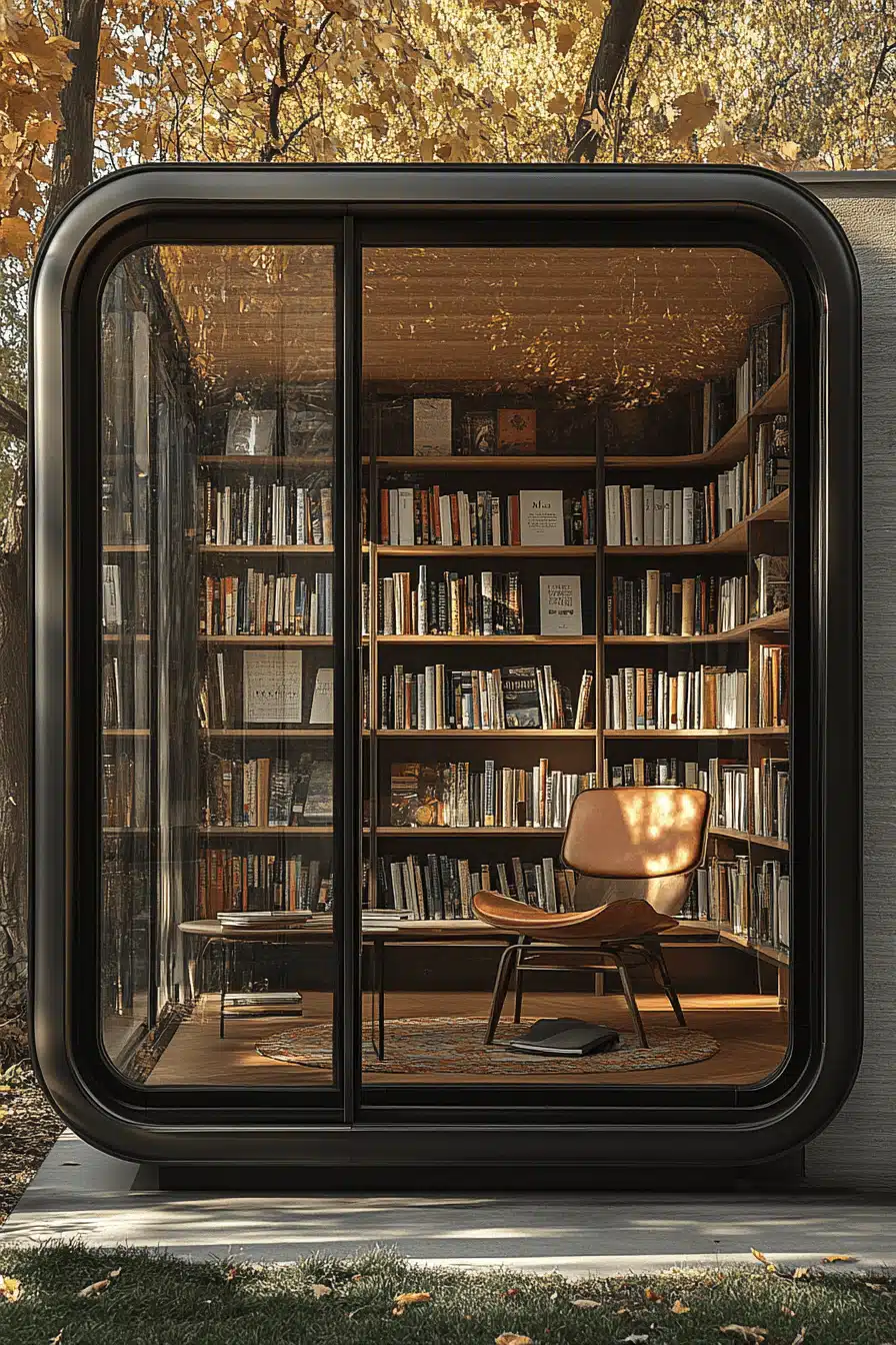 glass-wrapped home library