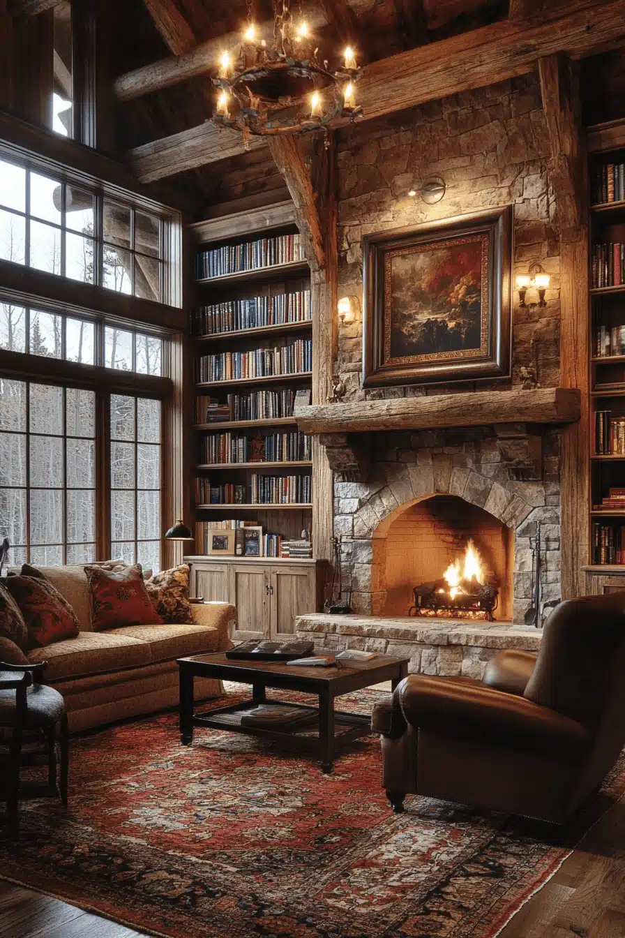 rustic lodge-inspired home library