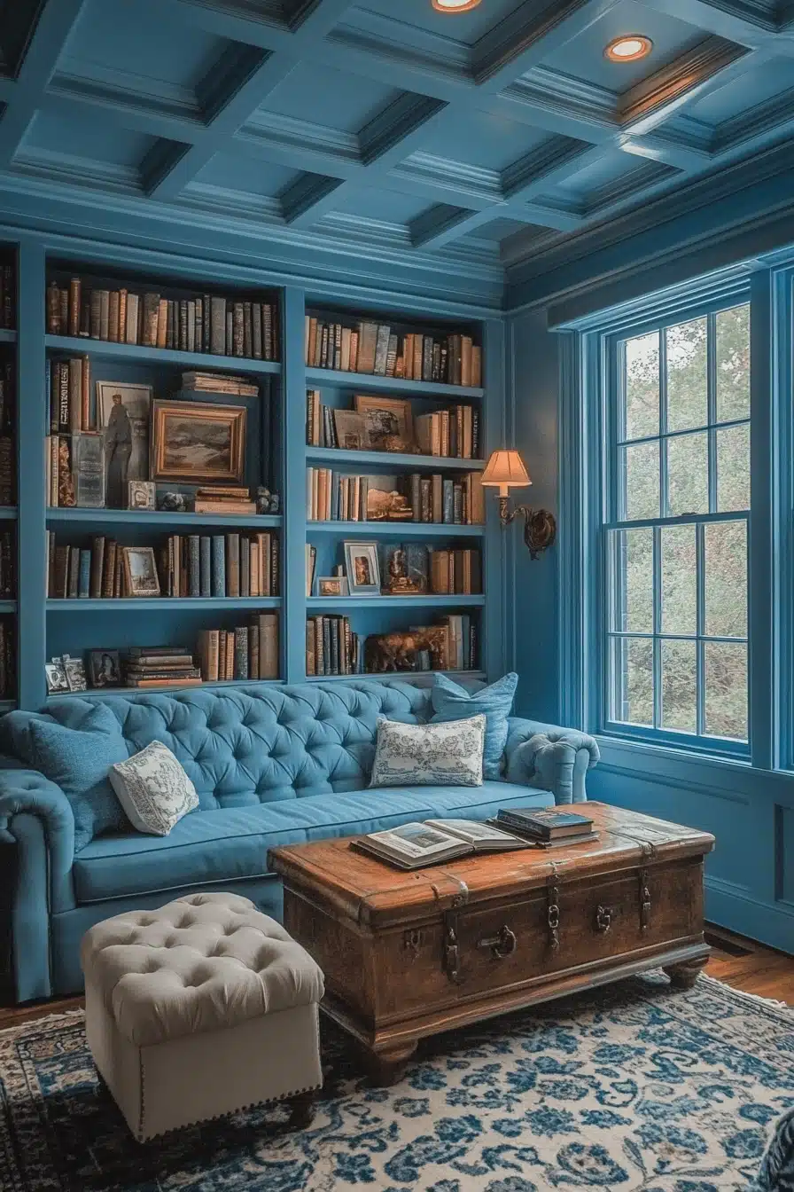 blue-themed home library oasis