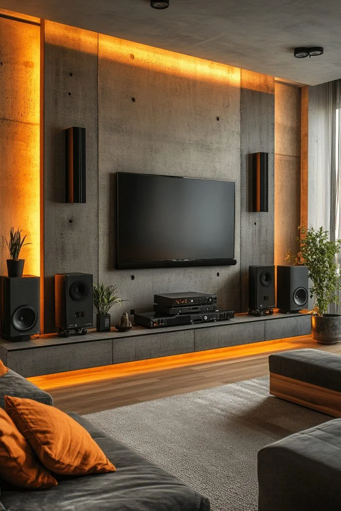 29 Brutalist Interior Design Ideas for a Bold Architectural Statement 11 High-Tech Media Room