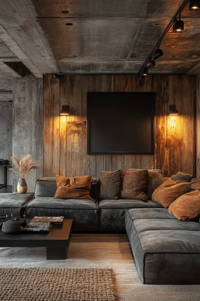 29 Brutalist Interior Design Ideas for a Bold Architectural Statement 14 Basement Industrial Lounge