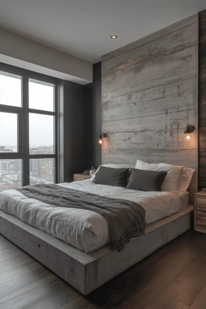 29 Brutalist Interior Design Ideas for a Bold Architectural Statement 28 Urban Concrete Bedroom
