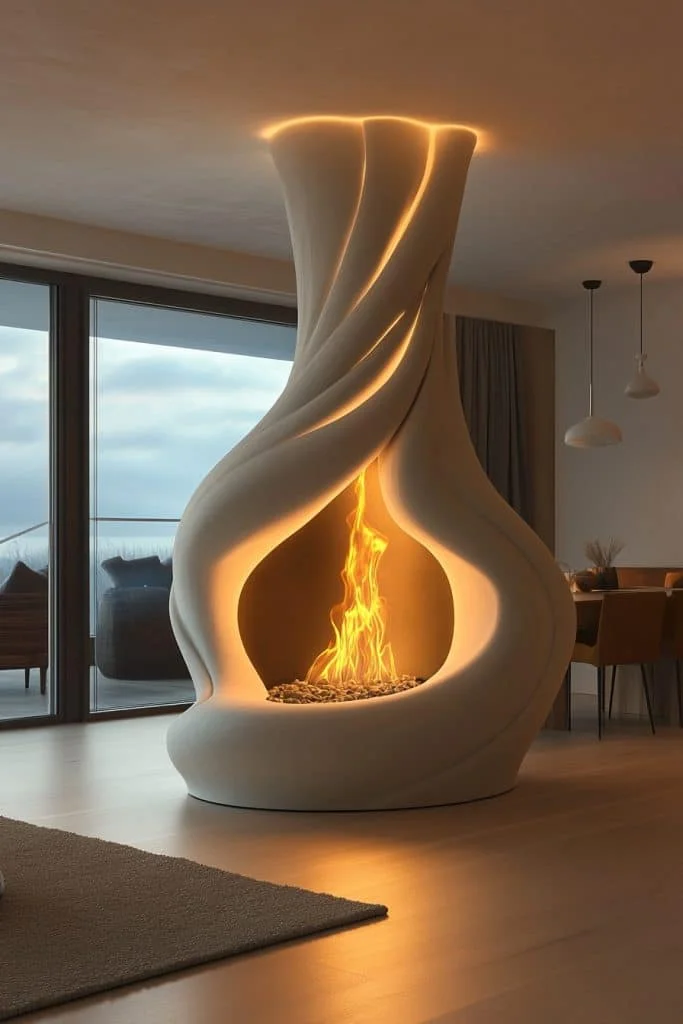 White Plaster Sculptural Fireplace