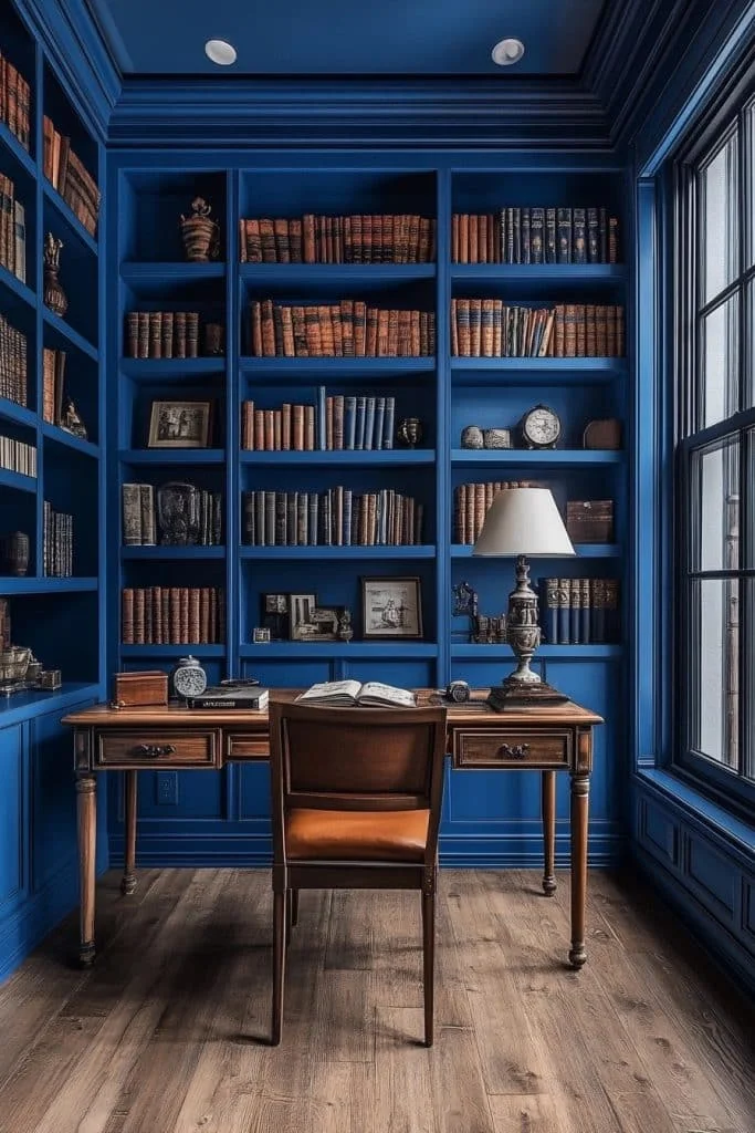 Bold Blue Study with Extensive Shelving