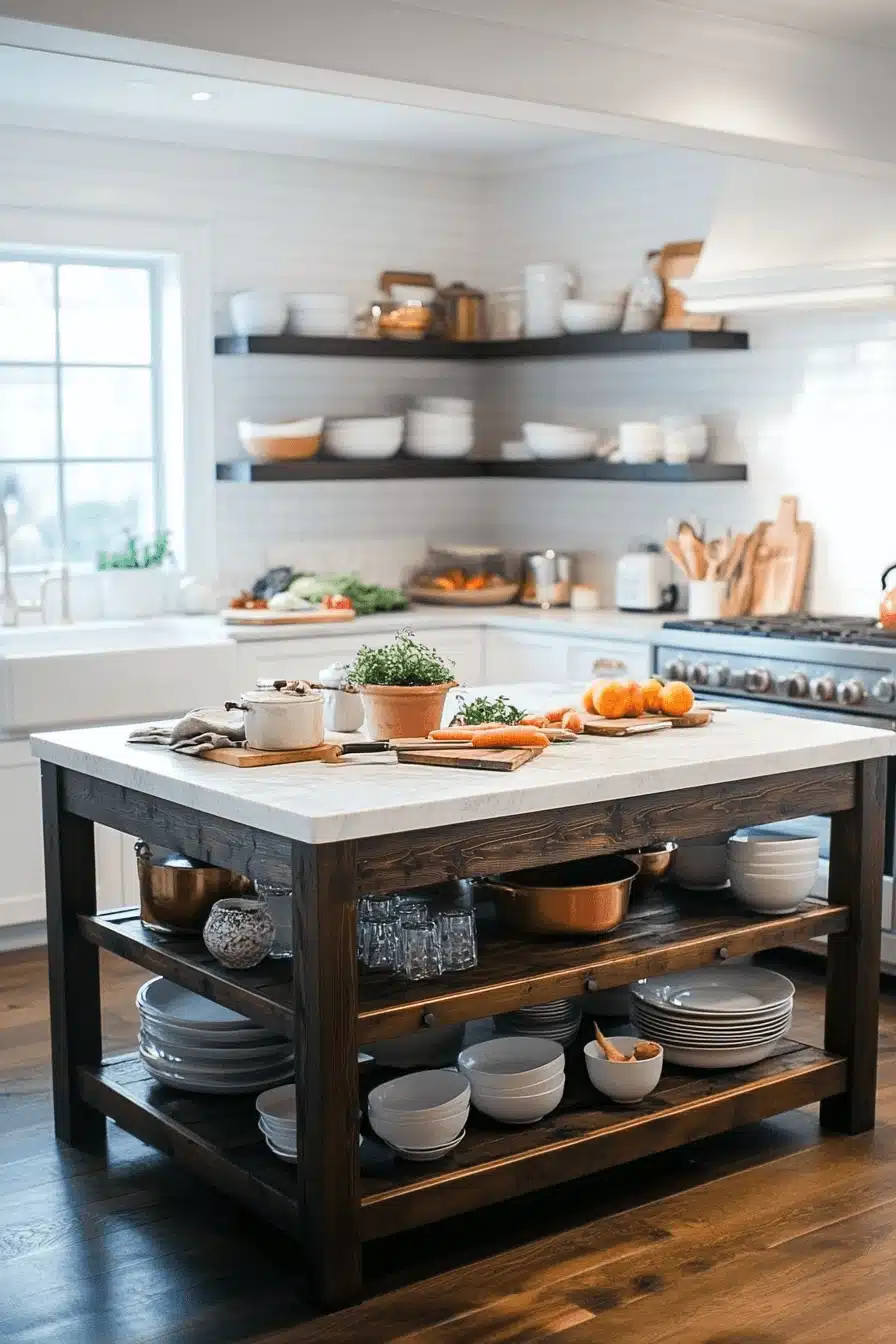 kitchen island with open shelves