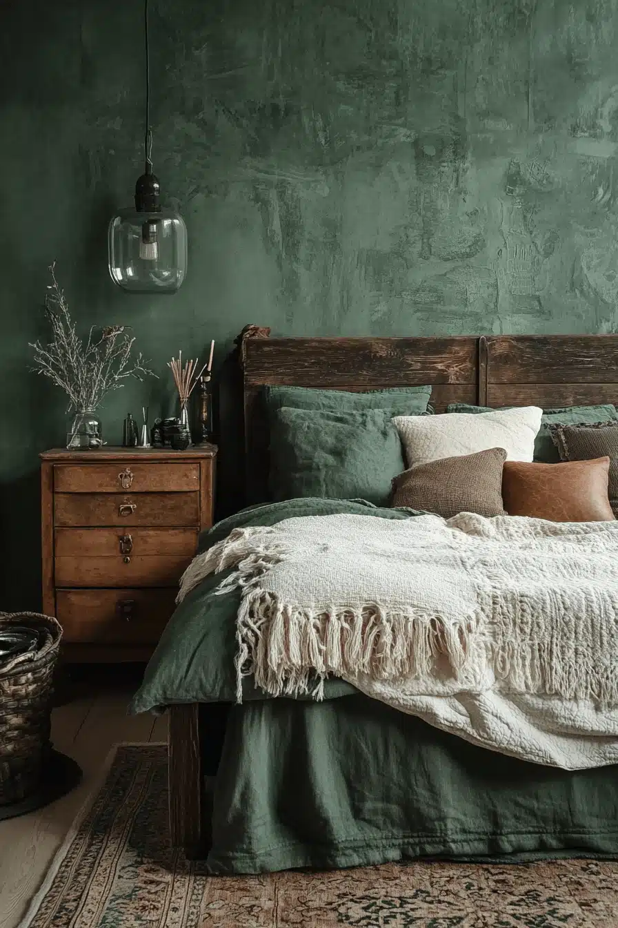 moody green bedroom