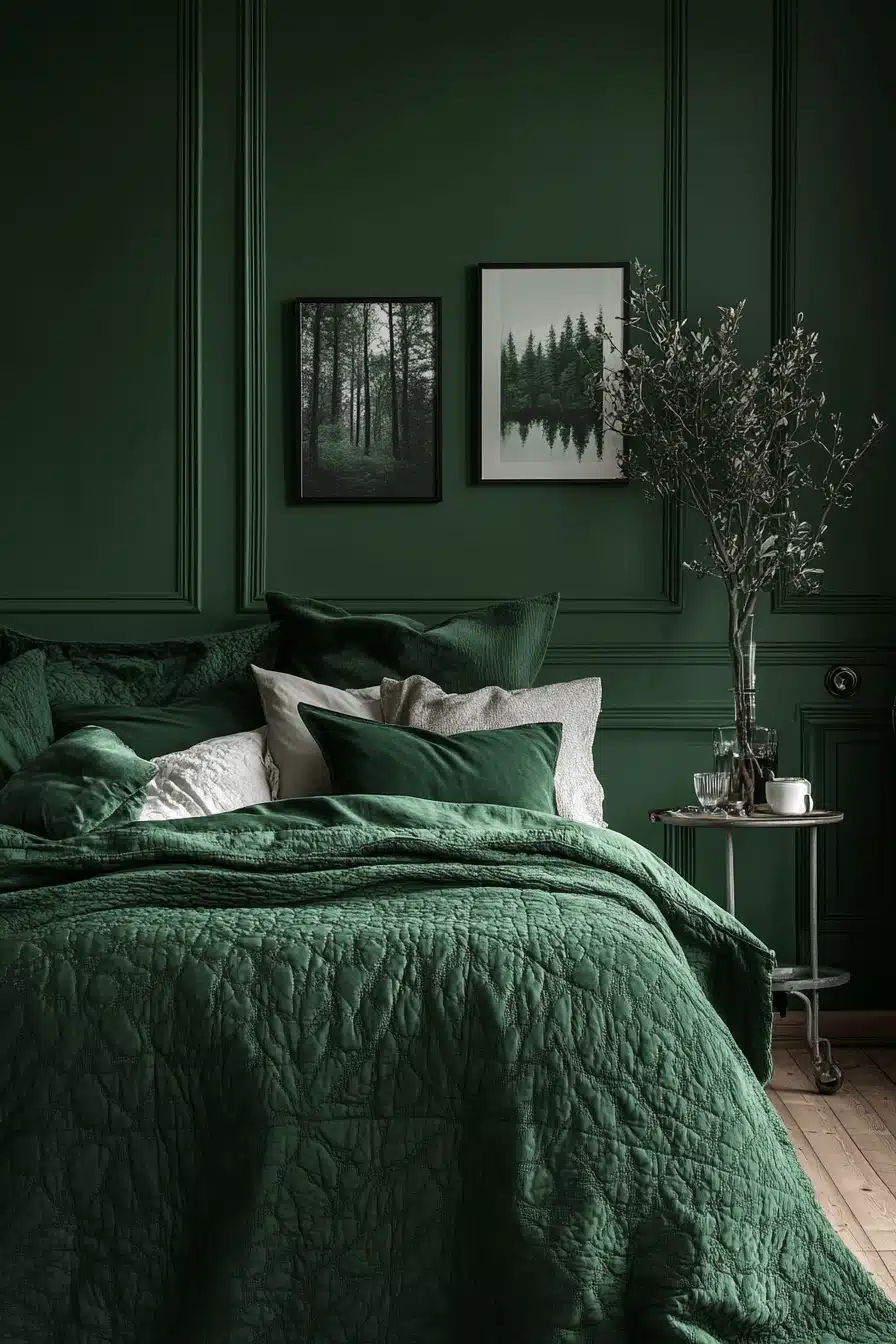 moody green bedroom