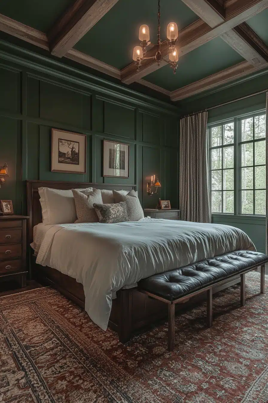 moody green bedroom