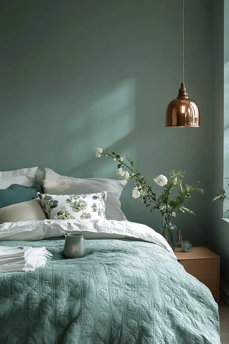 moody green bedroom