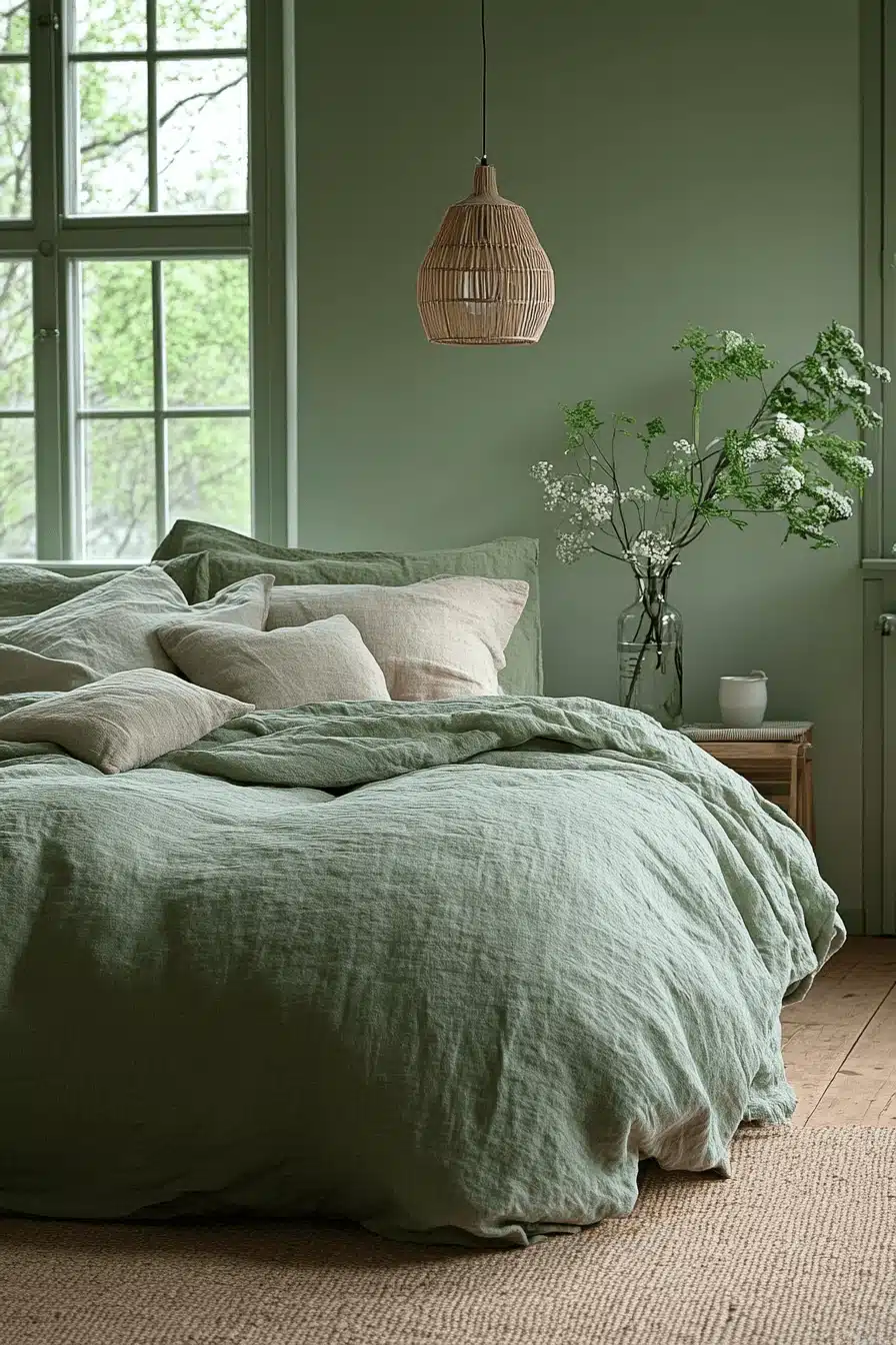 moody green bedroom