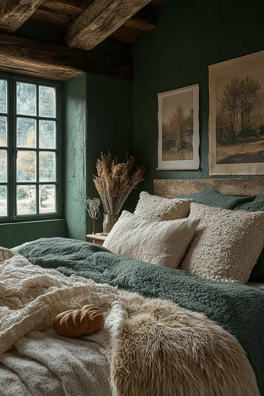 moody green bedroom
