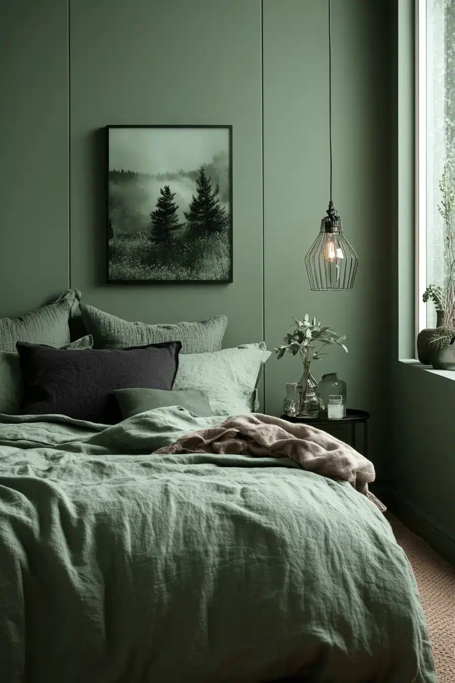 moody green bedroom