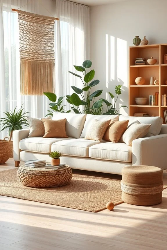 eclectic bohemian living room with cream sofa