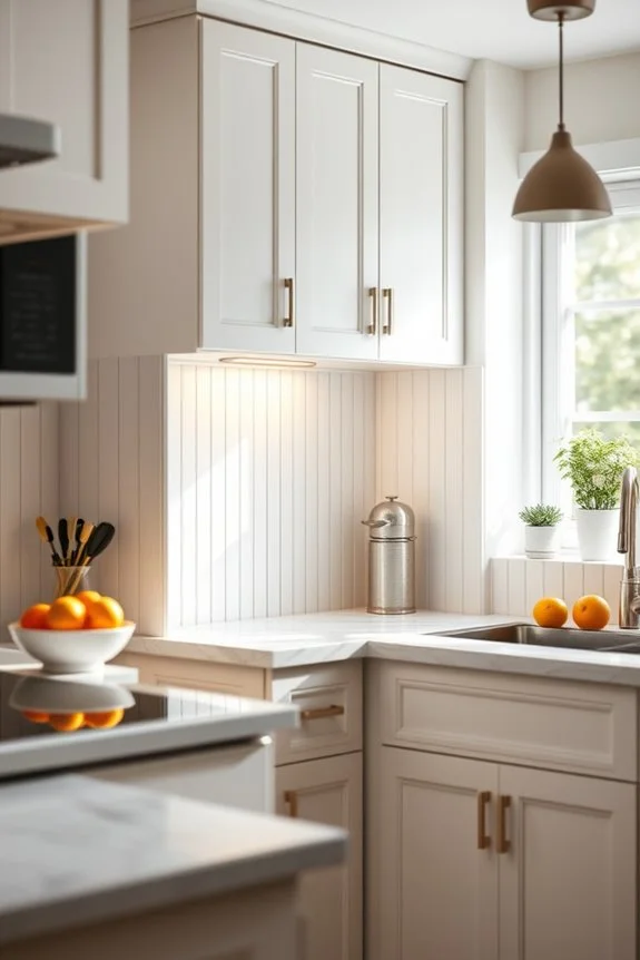 white beadboard kitchen backsplash