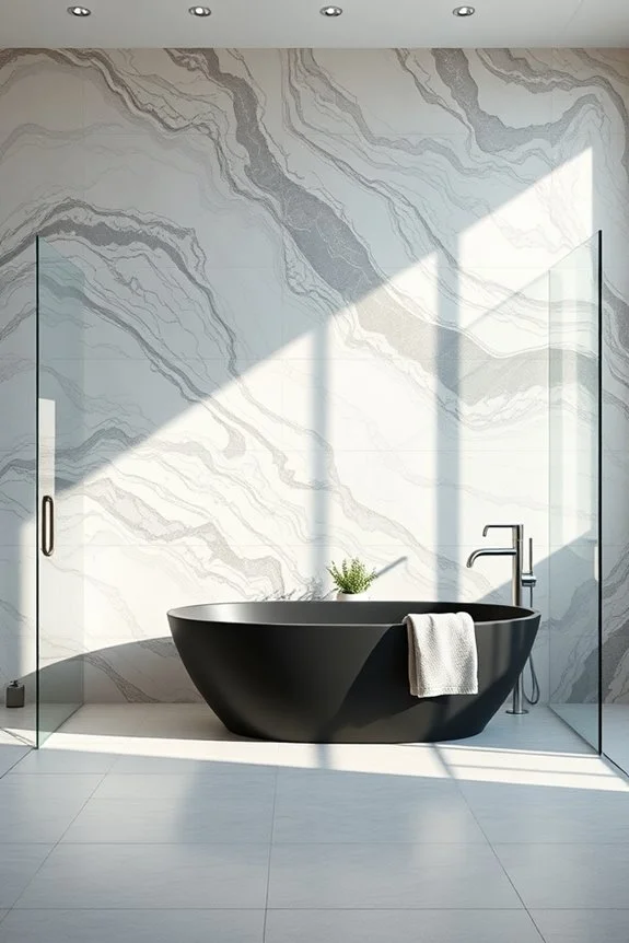 veined marble feature wall in bathroom