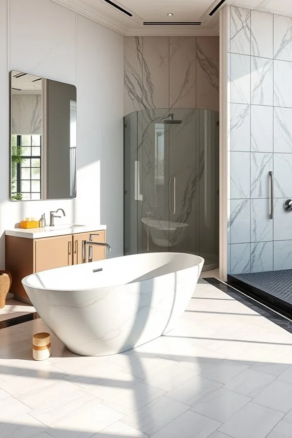 contrasting marble types in bathroom