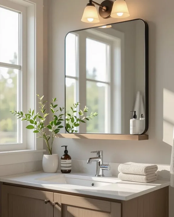 floating shelf under mirror