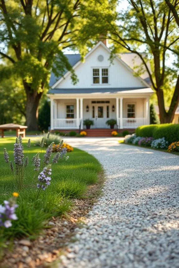 gravel driveway enhances farmhouse charm