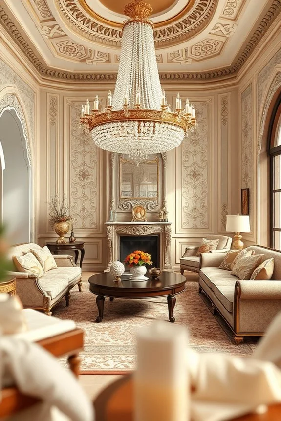Elegant chandelier illuminating Arabian living room