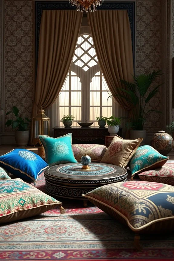 Handcrafted wood furniture with floor cushions