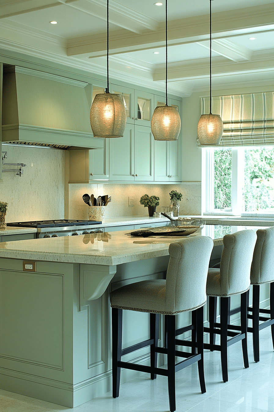 glowing sage green kitchen