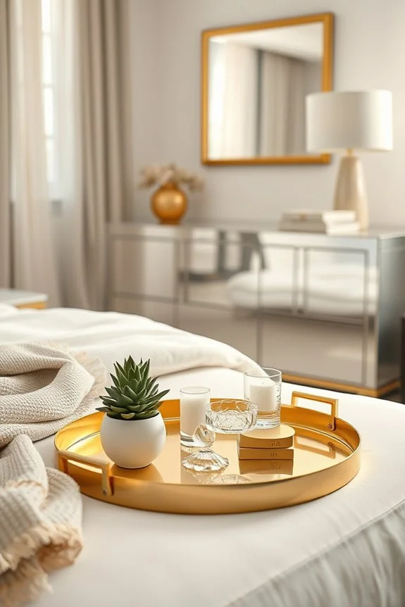 gold decorative tray on dresser