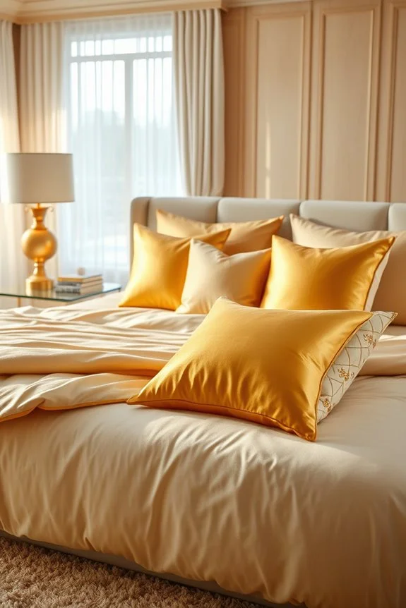 gold throw pillows on bed