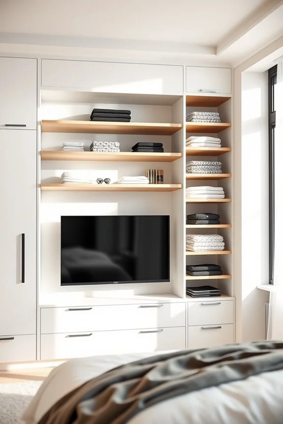 open shelving closet with tv integration