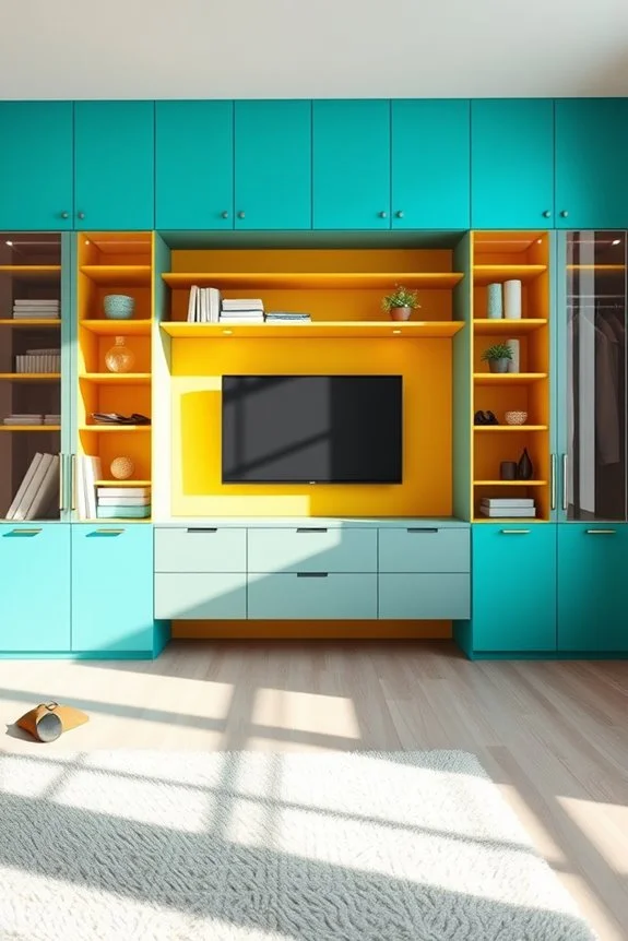 vibrantly colored closet with tv