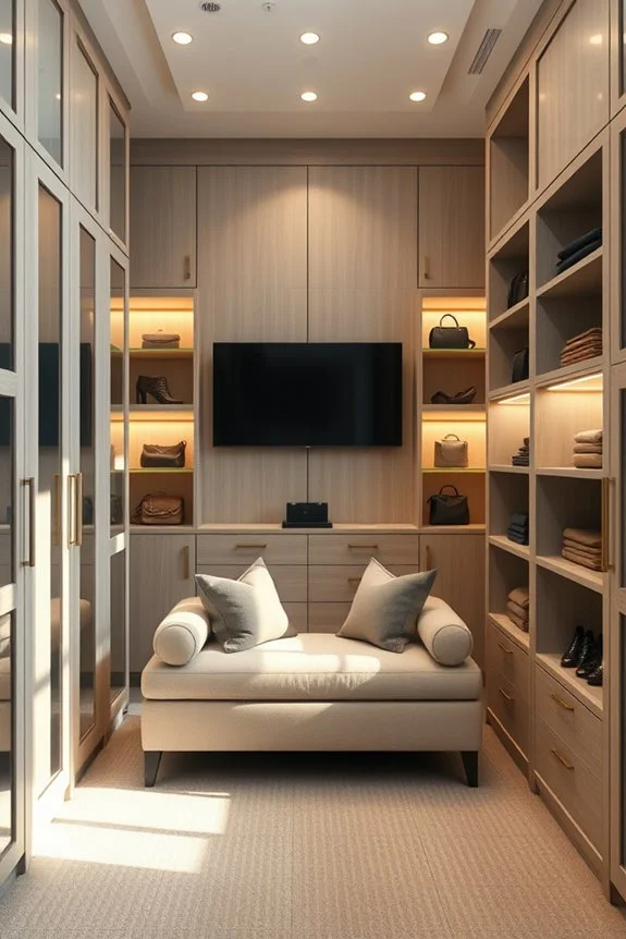 luxurious walk-in closet with tv and seating