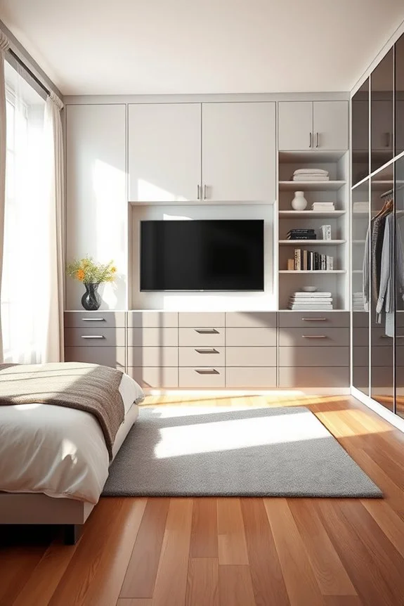 contemporary closet with tv and storage