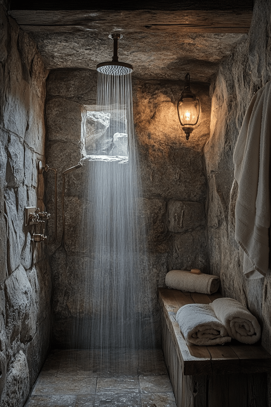 cabin bathroom with stone accents