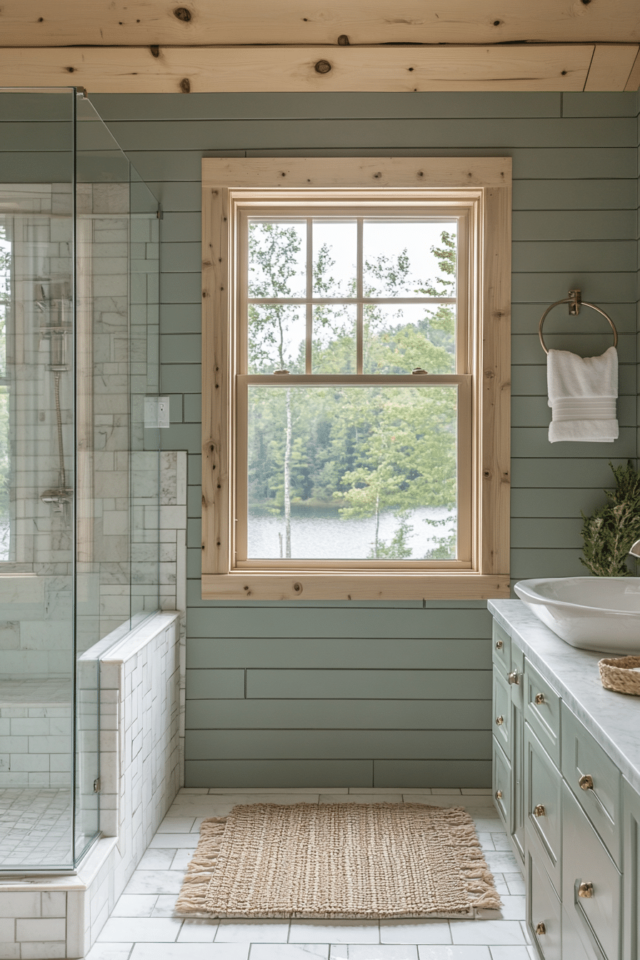 cabin bathroom with lake view