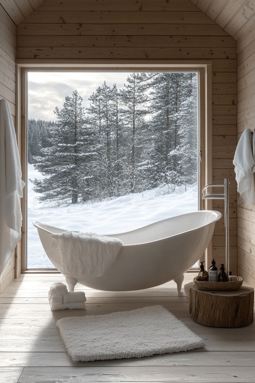 cabin bathroom with snowy view