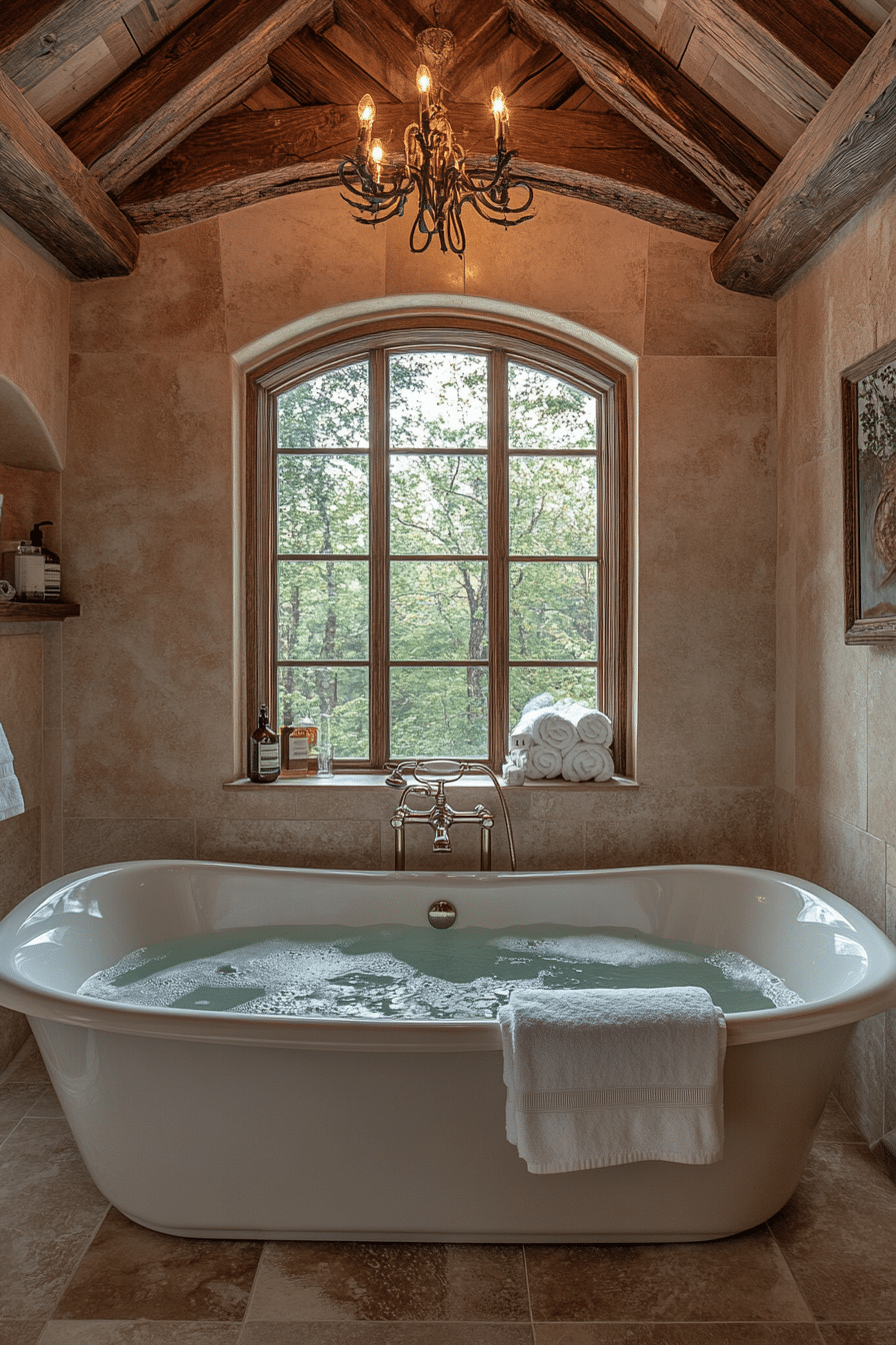 cabin bathroom with high ceiling