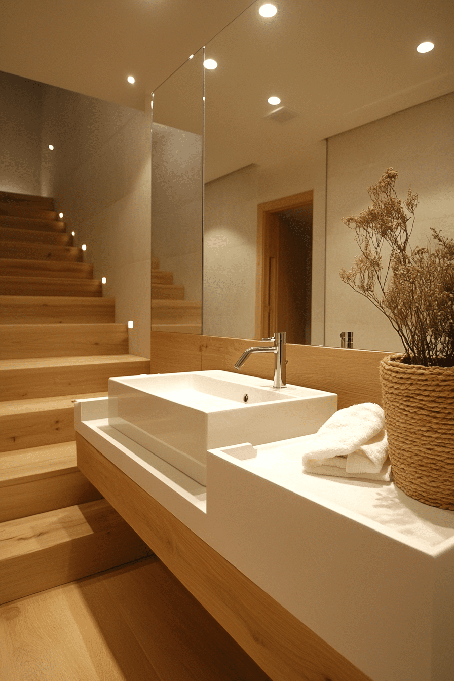 cabin bathroom with large mirror