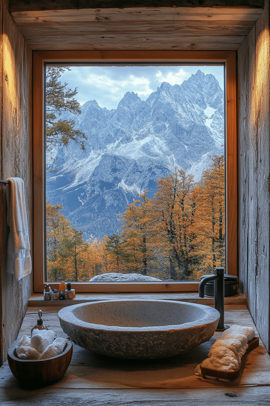 cabin bathroom with mountain peak view