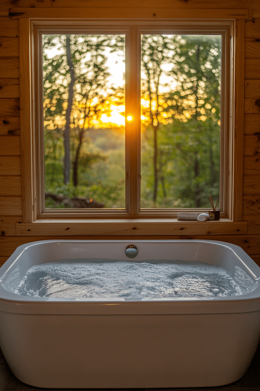 cabin bathroom with sunrise view